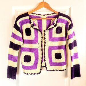 Handknit Purple Stripe Crochet Granny Square Cardigan Sweater